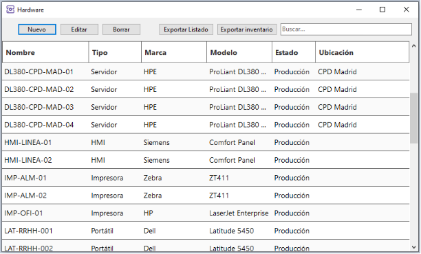 Listado de hardware en InfraNoteIT