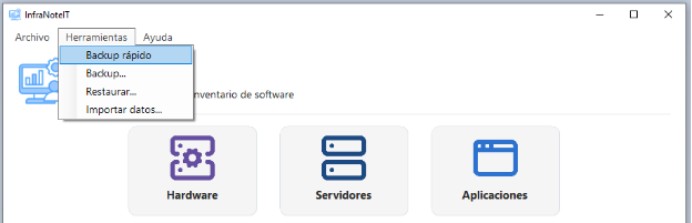Menú de herramientas: backup rápido, backup, restaurar e importar datos