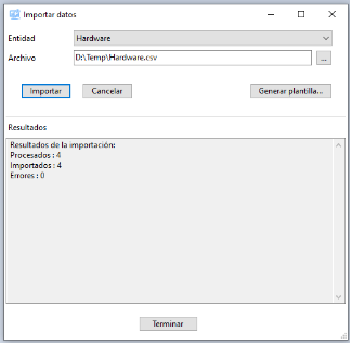 Ventana de importación de datos desde CSV